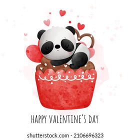 Panda cupcake, Valentines' panda watercolor vector. 