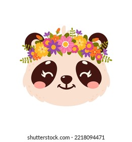 Panda cute animal with flower crown, cartoon face of funny happy bear character. Vector animal head wearing floral wreath, funny smiling wild panda bear