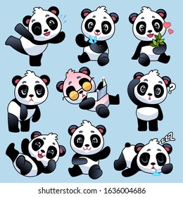 Panda. Cute asian bears in different poses, eating bamboo stem and sleeping, playing in zoo or jungle, funny young animals cartoon vector baby characters