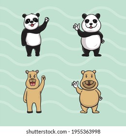 
panda and cute bear say hello, vector illustration