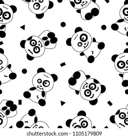 Panda, cute cartoon seamless pattern black and white abstract background vector illustration textured