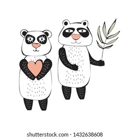 Panda in a cute children's style. Drawing hands. Loving couple. Happy Panda smiles and holds a heart and eucalyptus. Vector isolated illustration on a white background.