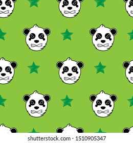 panda cute face seamless pattern.  Happy cute panda  head repeat pattern with green love and green background