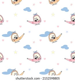 Panda so cute fly a helicopter pink and yellow on cloud star heart pattern background.vector and illustration.