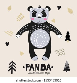 Panda cute funny character. Childish vector illustration in scandinavian style flat design. Vector illusttration isolated concept for children print poster banner