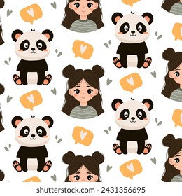 Panda with a cute girl. Baby background, pattern with panda and girl in flat style.