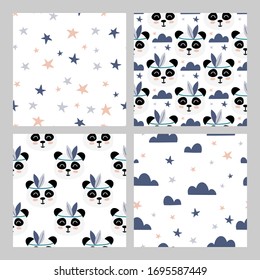 Panda, cute stars and clouds, set of  hand drawn seamless patterns. Cute childish drawing. Baby wrapping paper, textile, vector illustration 