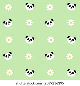 Panda and daisy seamless pattern with green background. Cute animal cartoon in high quality resolution. Panda vector illustration. Can be used for wallpaper and print.