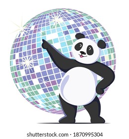 Panda dancing on the background of the disco ball.