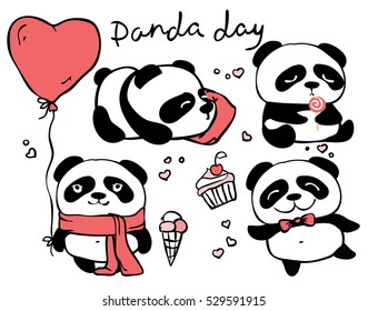 Panda day. Cute panda set with hand drawn text. Valentine vector background