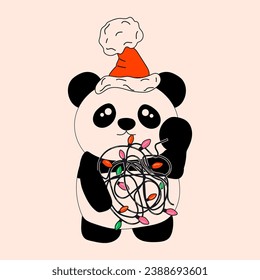 Panda with decoration christmas. Illustration of the Kawaii. Vector.	