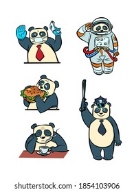 Panda different characters taikonaut police doctor businessman collection set character, cute animal, comics illustration drawing