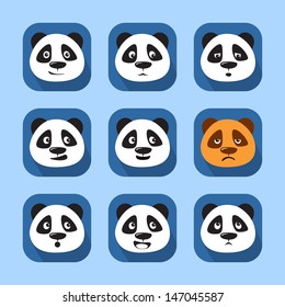 Panda with a different expression on face, vector icon set.
