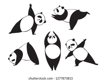 Panda in different joga pose. Black and white vector illustration. Simple bear who does sport exercises