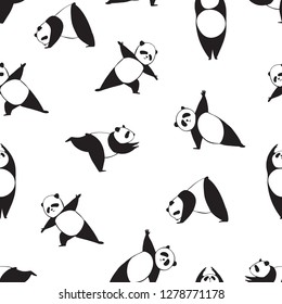 Panda in different joga pose. Black and white seamless vector pattern of panda. Simple bear who does sport exercises