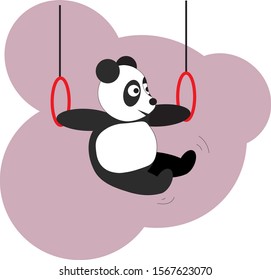 Panda does gymnastics on the rings. The panda bear participates in sports competitions in gymnastics, ring exercises.