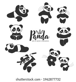 Panda does gymnastics, panda in yoga poses, vector cartoon character.