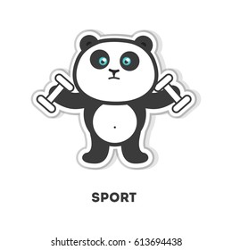 Panda does sport. Isolated cartoon sticker. Barbell
