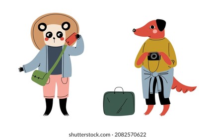 Panda and Dog Animal Tourist or Traveler with Luggage and Camera Having Trip on Vacation Vector Set