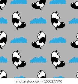 Panda doll repeat pattern seamless pattern . cute Bear cartoon simple character doodle with blue cloud illustration and gray background