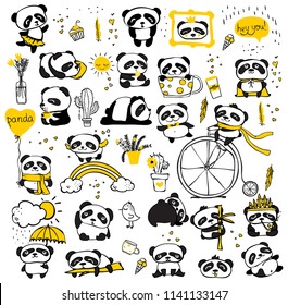 Panda doodle kid set. Simple design of cute pandas perfect for kid's card, banners, stickers and other kid's things.