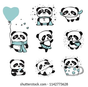 Panda doodle kid set. Simple design of cute pandas perfect for kid's card, banners, stickers and other kid's things.