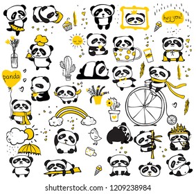 Panda doodle kid set. Simple design of cute pandas perfect for kid's card, banners, stickers and other kid's things.