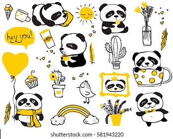 Panda doodle kid set. Simple design of cute pandas and other individual elements perfect for kid's card, banners, stickers and other kid's things.