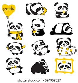 Panda doodle kid set. Simple design of cute pandas perfect for kid's card, banners, stickers and other kid's things.