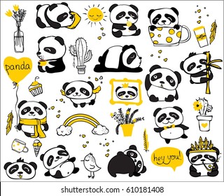 Panda doodle kid set. Simple design of cute pandas and other individual elements perfect for kid's card, banners, stickers and other kid's things.