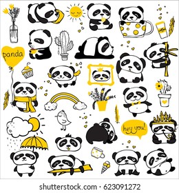 Panda doodle kid set. Simple design of cute pandas and other individual elements perfect for kid's card, banners, stickers and other kid's things.