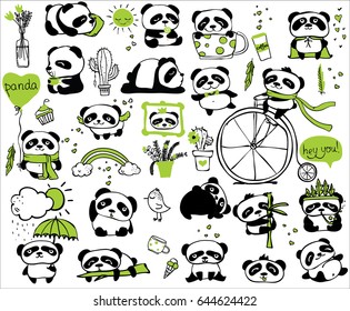 Panda doodle kid set. Simple design of cute pandas and other individual elements perfect for kid's card, banners, stickers and other kid's things.