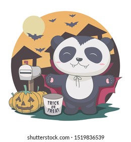 Panda dracula in the night. halloween, bat, mailbox, pumpkin vector illustration.