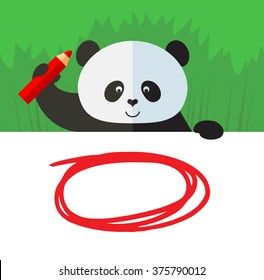 Panda drawing a red pencil empty frame on a blank sheet. Flat style vector illustration on Green background. 