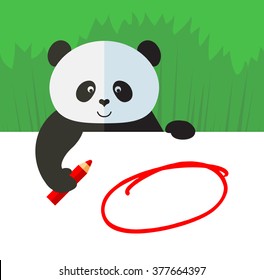 Panda drawing a red pencil empty frame on a blank sheet. Flat style vector illustration on Green background. National emblem of China