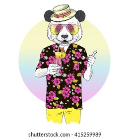 panda dressed up in aloha shirt drinking cocktail, furry art illustration, fashion animals, hipster animals, summer holidays