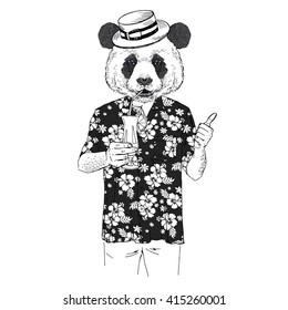 panda dressed up in aloha shirt drinking cocktail, furry art illustration, fashion animals, hipster animals, summer holidays