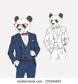 panda dressed up in classy style, anthropomorphic illustration, fashion animals