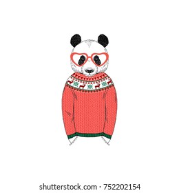 panda dressed up in funny Christmas sweater, furry art illustration