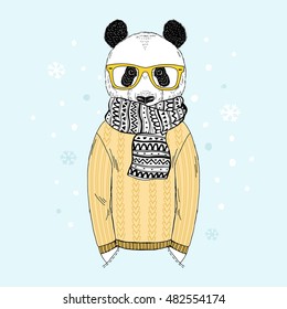 panda dressed up in jacquard pullover, anthropomorphic illustration, fashion animals