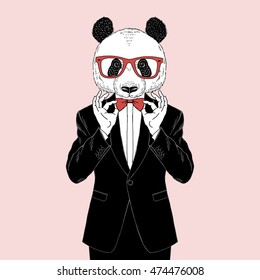 panda dressed up in tuxedo adjusting his bow tie, anthropomorphic illustration, fashion animals