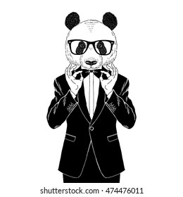 panda dressed up in tuxedo adjusting his bow tie, anthropomorphic illustration, fashion animals