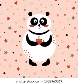 Panda drinking tea or coffee Cute card template cartoon style Panda caracter invitation vector print