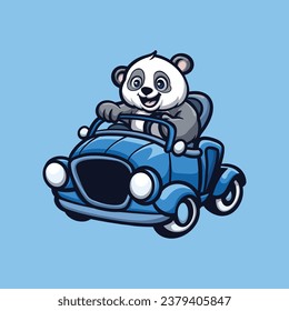 Panda Driving Blue Creative Cartoon Illustration