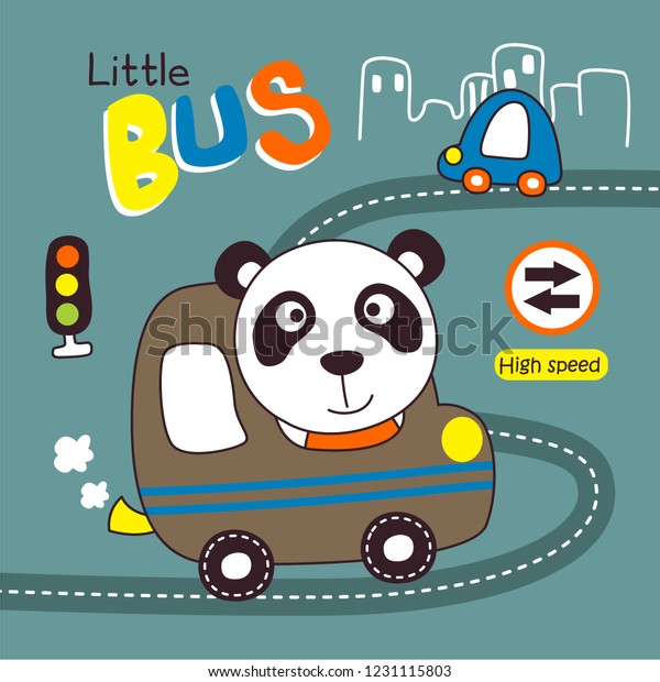 panda driving a bus funny animal\
cartoon,vector\
illustration