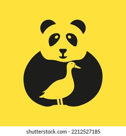 Panda Duck Logo Negative Space Concept Vector Template. Panda Holding Duck Symbol