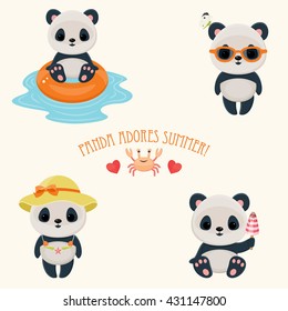 Panda during summer time cute web icons. Cute asian bear. Hot summer days. Text "Panda adores summer". Eps 10  