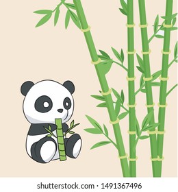 Panda eat Bamboo trees isolate on pink pattern background. Vector illustration of cute animals on pink backdrop. vector panda.