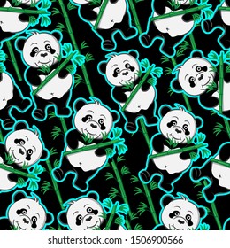 panda eat and holding bamboo natural repeat  seamless pattern for print in cloth