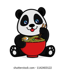 Panda eat noodle isolated in white background